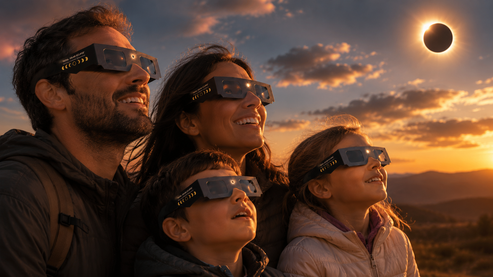 Familia observando el eclipse solar con gafas
